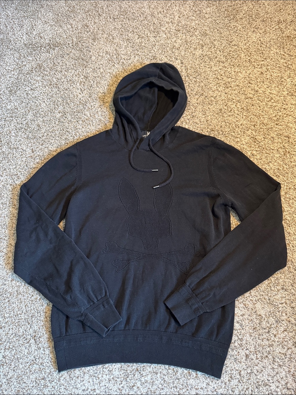 Psycho Bunny Black Tonal Hooded Knit Sweatshirt with Bunny Skull - S